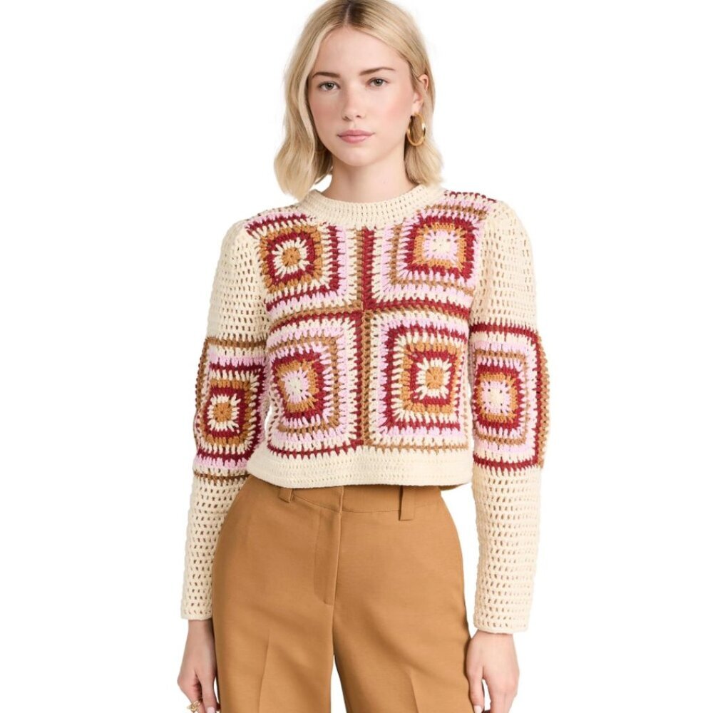 MinkPink Norah Crochet Sweater Womens XS Cream Pink Red Crew Neck Long Sleeve